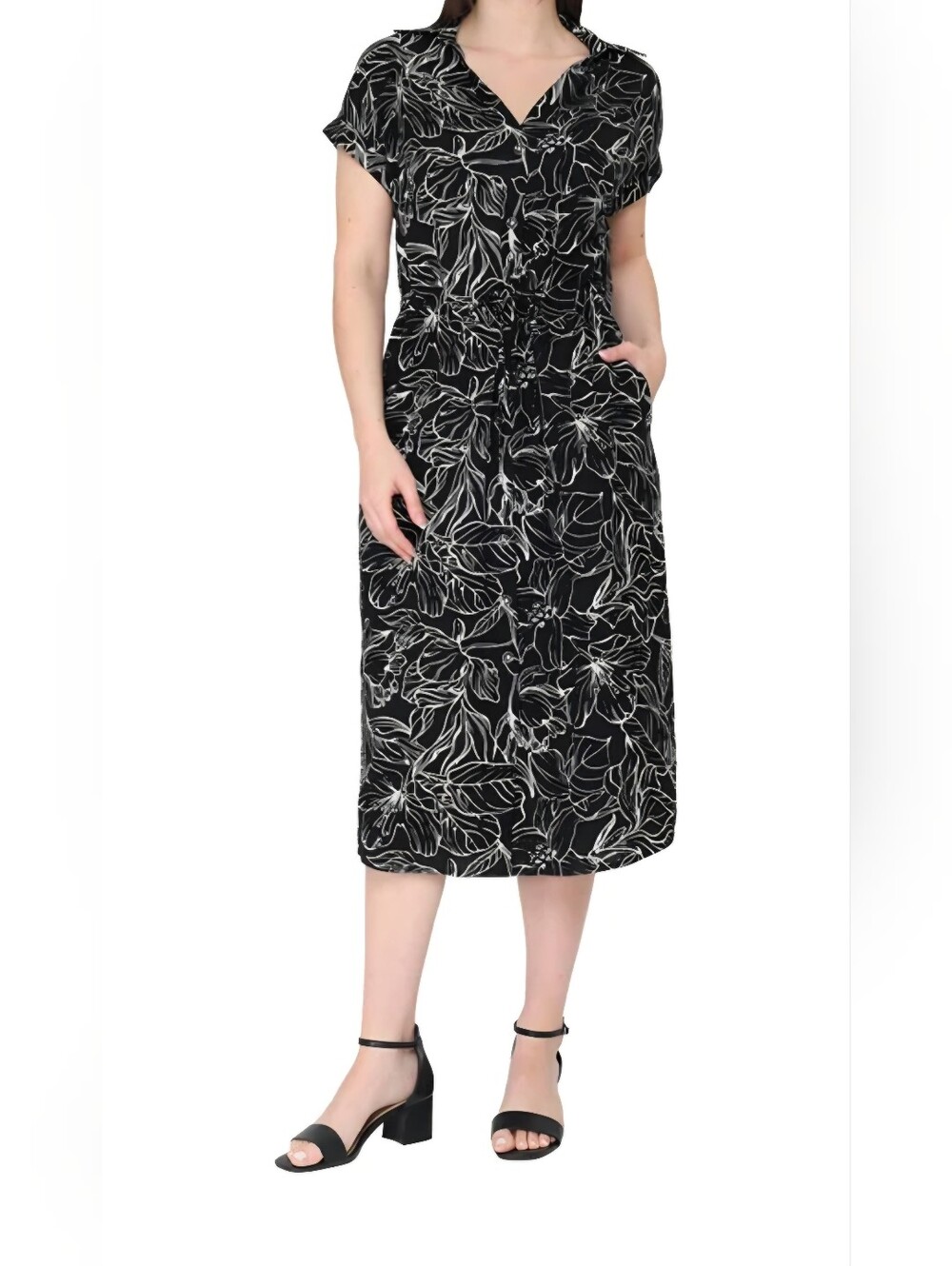Jewel Badgley Mischka Black Midi Dress with White Floral Print